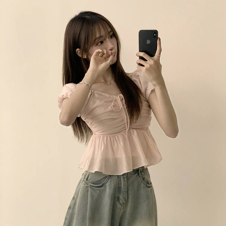フリルストリング半袖ブラウス PINK