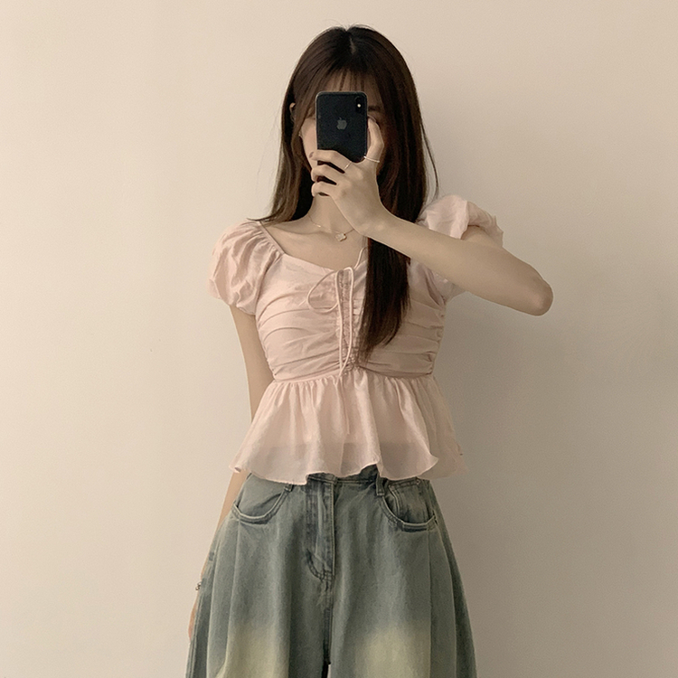 フリルストリング半袖ブラウス PINK