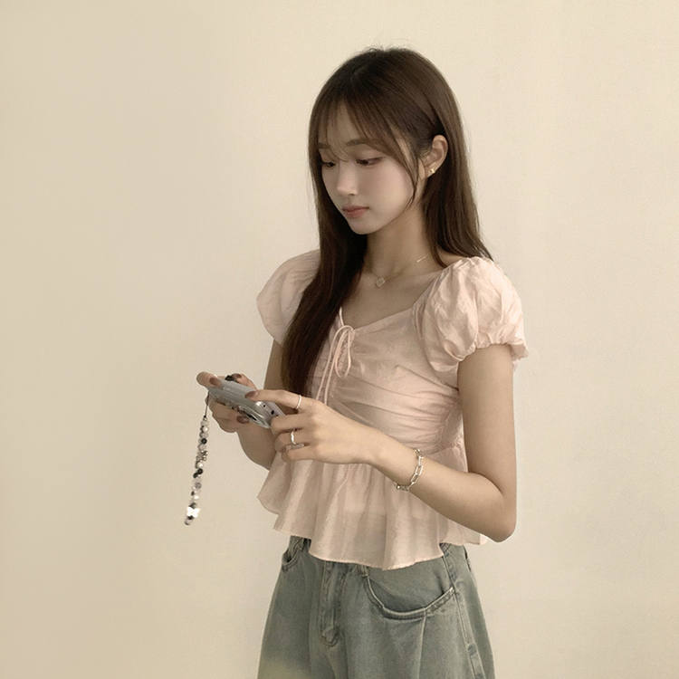 フリルストリング半袖ブラウス PINK