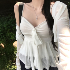 カーディガン 【SET】リボンフリルキャミソール シースルーカーディガン IVORY