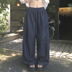 コットンパンツ 【丈別】バンディングストリングワイドジョガーパンツ DEEP DENIM