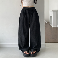 コットンパンツ 【丈別】バンディングストリングワイドジョガーパンツ BLACK DENIM