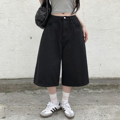 ショートパンツ 【丈別】ポイントスナップコットンワイドバミューダパンツ BLACK