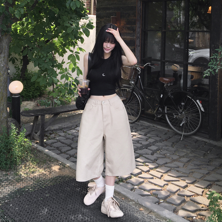 【丈別】ポイントスナップコットンワイドバミューダパンツ WHITE
