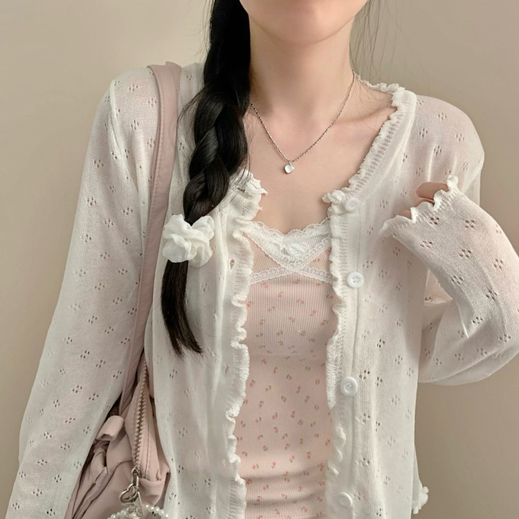 다다 펀칭 여름 긴팔 가디건 살안타템 시스루 프릴 상의 화이트