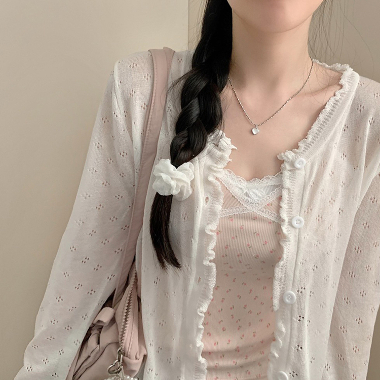 다다 펀칭 여름 긴팔 가디건 살안타템 시스루 프릴 상의 화이트