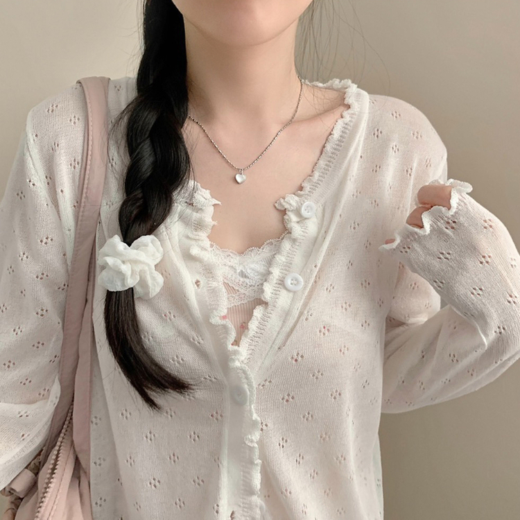 다다 펀칭 여름 긴팔 가디건 살안타템 시스루 프릴 상의 화이트