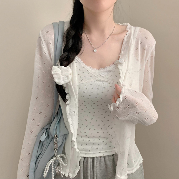다다 펀칭 여름 긴팔 가디건 살안타템 시스루 프릴 상의 베이지