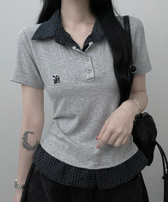 半袖Tシャツ チェックシャツレイヤード半袖Tシャツ GREY