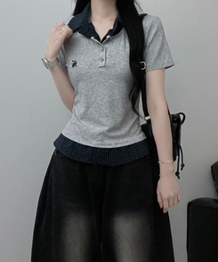 半袖Tシャツ チェックシャツレイヤード半袖Tシャツ GREY