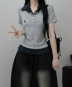 半袖Tシャツ チェックシャツレイヤード半袖Tシャツ GREY