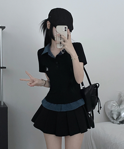 半袖Tシャツ チェックシャツレイヤード半袖Tシャツ BLACK