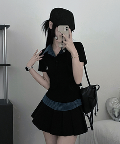 半袖Tシャツ チェックシャツレイヤード半袖Tシャツ BLACK