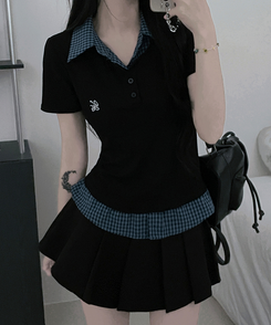半袖Tシャツ チェックシャツレイヤード半袖Tシャツ BLACK