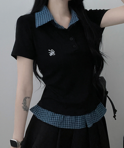 半袖Tシャツ チェックシャツレイヤード半袖Tシャツ BLACK