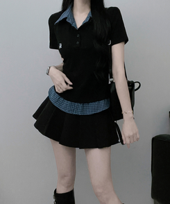 半袖Tシャツ チェックシャツレイヤード半袖Tシャツ BLACK