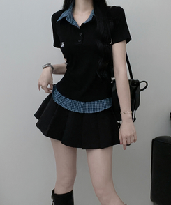 半袖Tシャツ チェックシャツレイヤード半袖Tシャツ BLACK