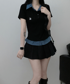 半袖Tシャツ チェックシャツレイヤード半袖Tシャツ BLACK
