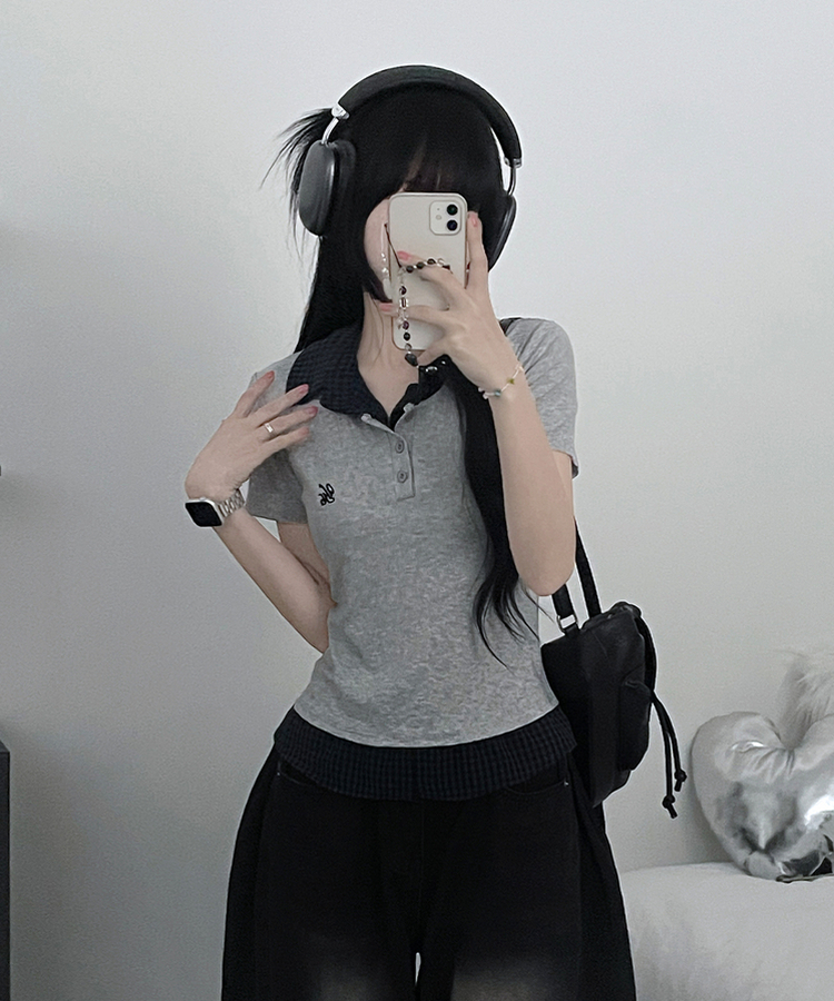 チェックシャツレイヤード半袖Tシャツ GREY