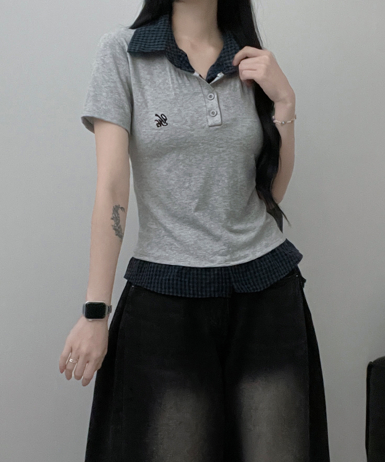 半袖Tシャツ チェックシャツレイヤード半袖Tシャツ GREY