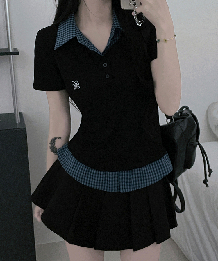 チェックシャツレイヤード半袖Tシャツ BLACK