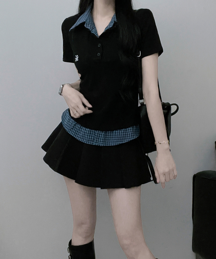 チェックシャツレイヤード半袖Tシャツ BLACK