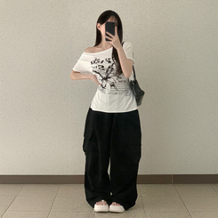 半袖Tシャツ レタリングアンバランス半袖Tシャツ WHITE