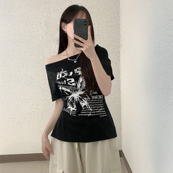 半袖Tシャツ レタリングアンバランス半袖Tシャツ BLACK