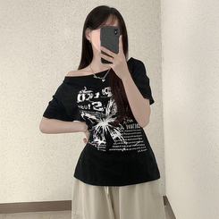 半袖Tシャツ レタリングアンバランス半袖Tシャツ BLACK