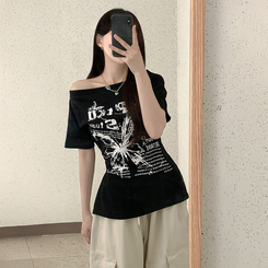 半袖Tシャツ レタリングアンバランス半袖Tシャツ BLACK