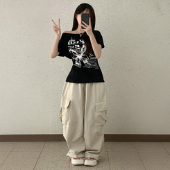 半袖Tシャツ レタリングアンバランス半袖Tシャツ BLACK