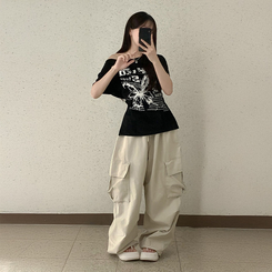 半袖Tシャツ レタリングアンバランス半袖Tシャツ BLACK