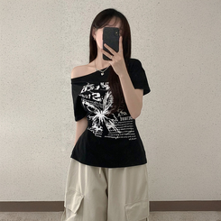 半袖Tシャツ レタリングアンバランス半袖Tシャツ BLACK