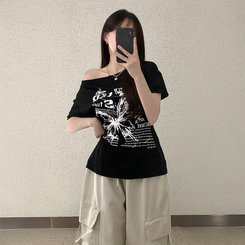 半袖Tシャツ レタリングアンバランス半袖Tシャツ BLACK