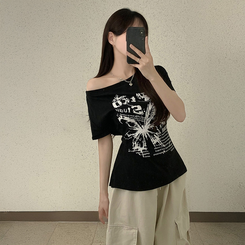 半袖Tシャツ レタリングアンバランス半袖Tシャツ BLACK