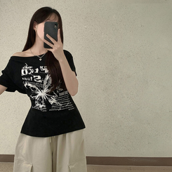 半袖Tシャツ レタリングアンバランス半袖Tシャツ BLACK