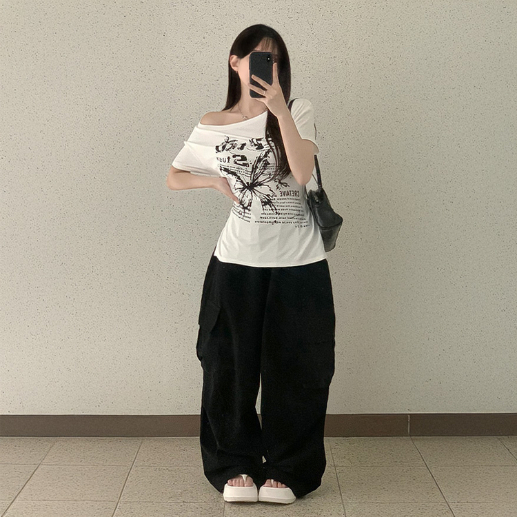 レタリングアンバランス半袖Tシャツ WHITE