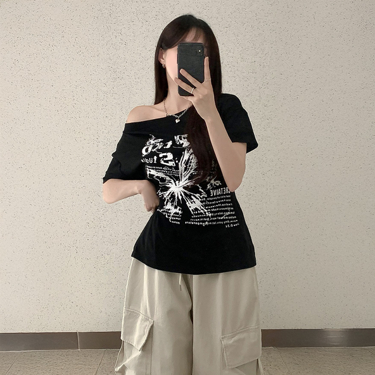 レタリングアンバランス半袖Tシャツ BLACK