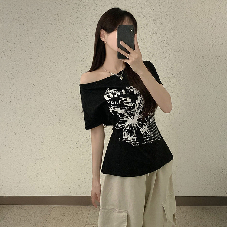 レタリングアンバランス半袖Tシャツ BLACK