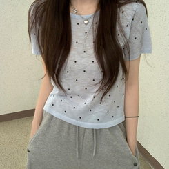 ニット ドットラウンドサマー半袖Tシャツ SKY BLUE