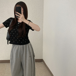 ニット ドットラウンドサマー半袖Tシャツ BLACK