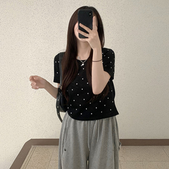 ニット ドットラウンドサマー半袖Tシャツ BLACK