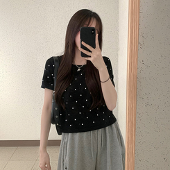 ニット ドットラウンドサマー半袖Tシャツ BLACK