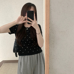 ニット ドットラウンドサマー半袖Tシャツ BLACK