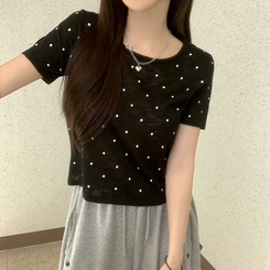 ニット ドットラウンドサマー半袖Tシャツ BLACK
