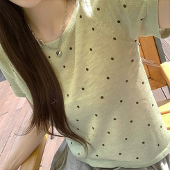 ニット ドットラウンドサマー半袖Tシャツ GREEN