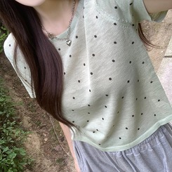 ニット ドットラウンドサマー半袖Tシャツ GREEN
