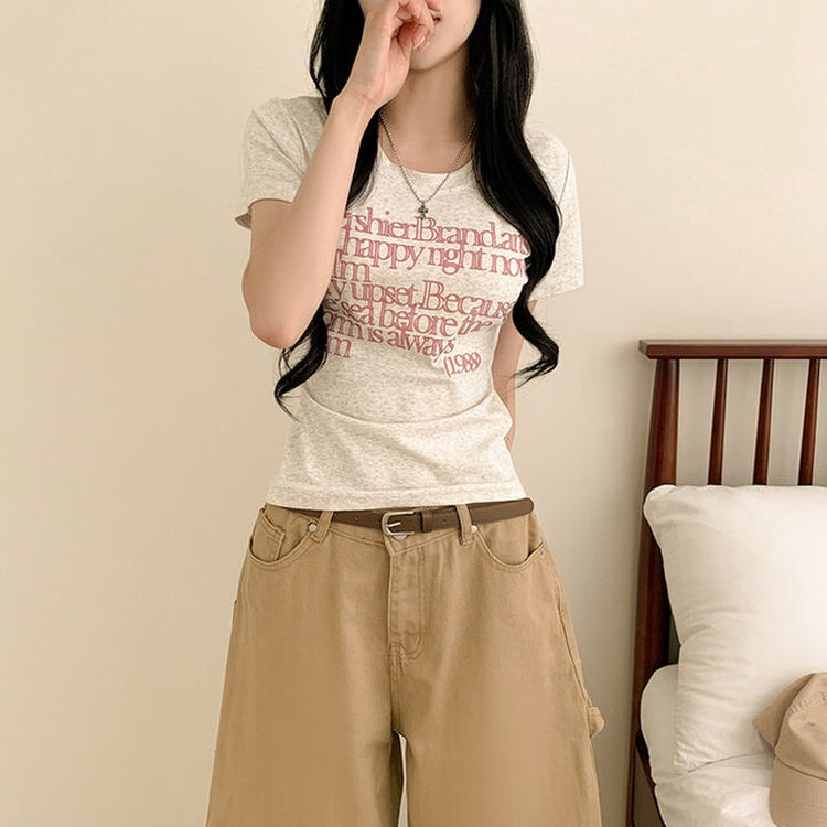 レタリングスリムクロップ半袖Tシャツ MELANGE GRAY