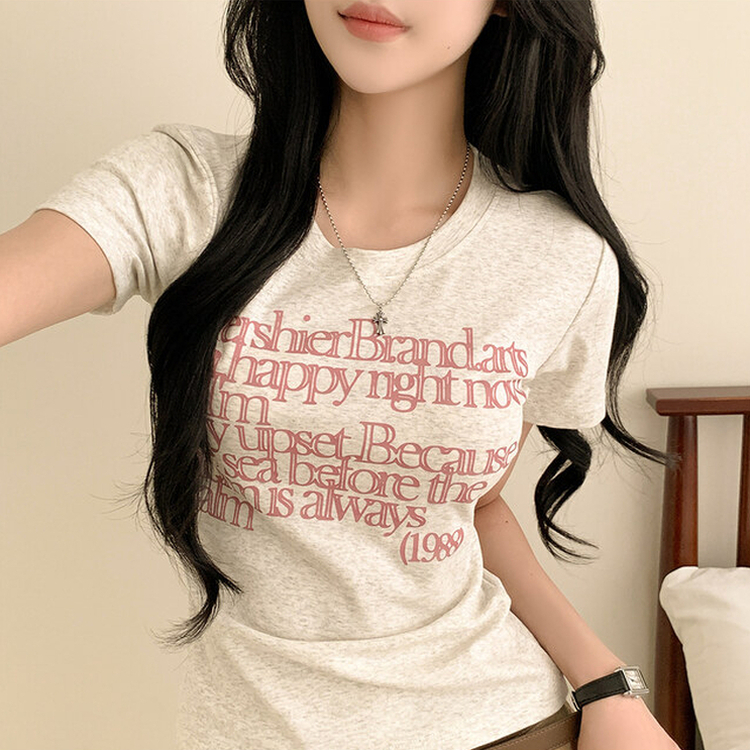 レタリングスリムクロップ半袖Tシャツ MELANGE GRAY