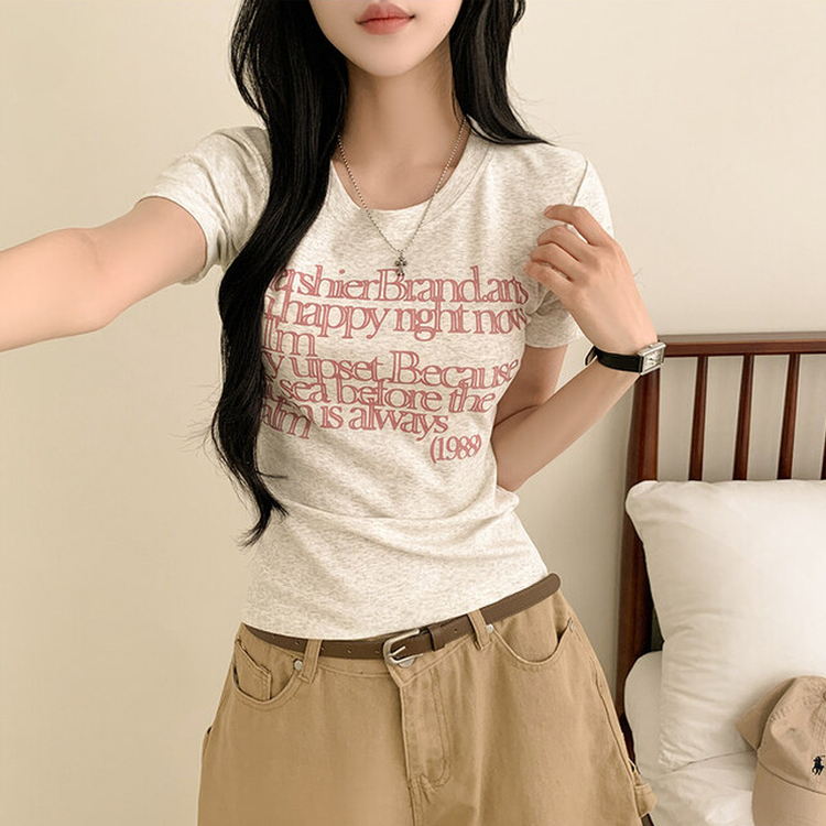 レタリングスリムクロップ半袖Tシャツ MELANGE GRAY